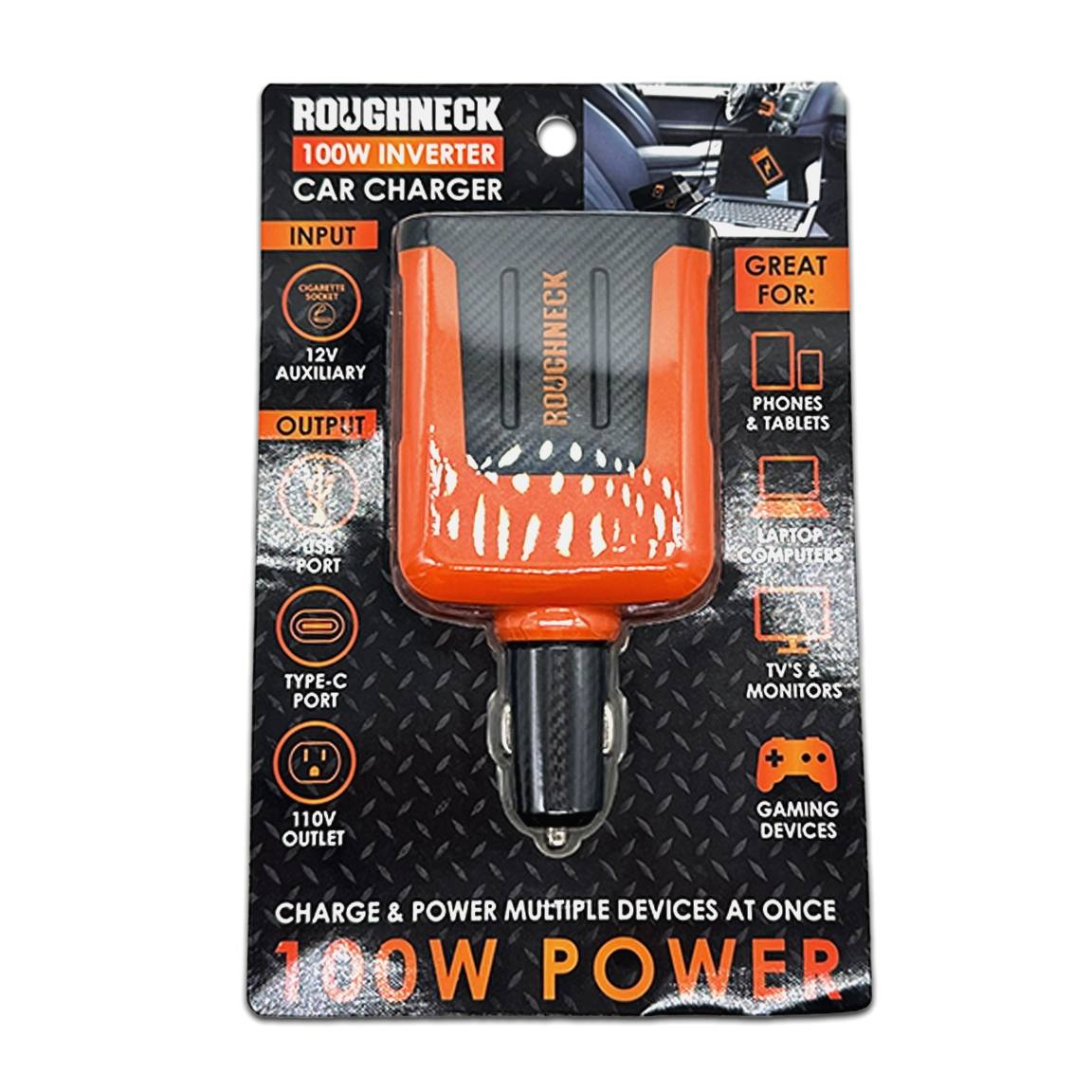 Car Charger DC 3 Port USB / USB-C / 120V Outlet 100 Watts - 4 Pieces Per Retail Ready Display 23861MN