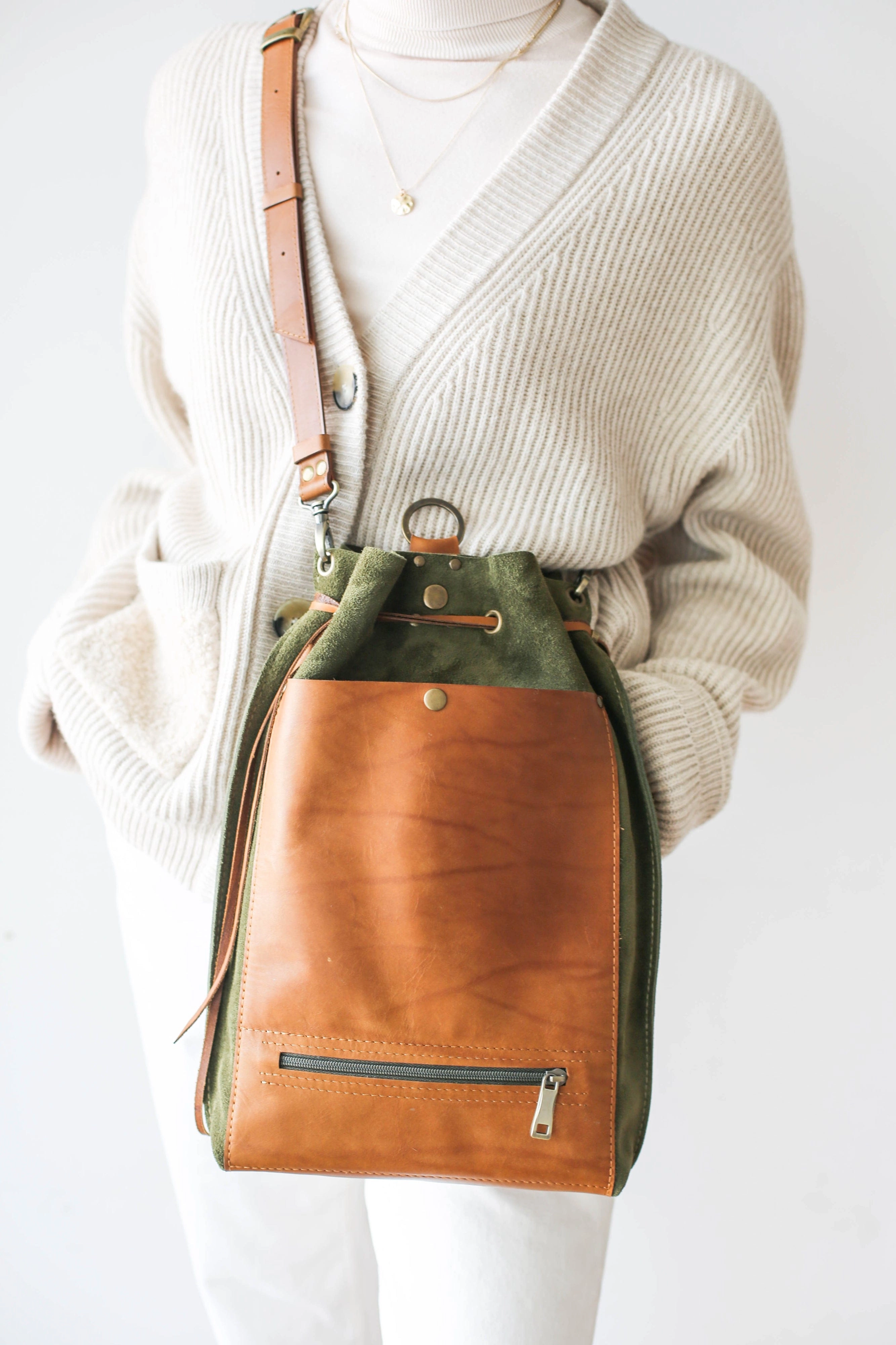 Green Suede Leather Backpack Purse