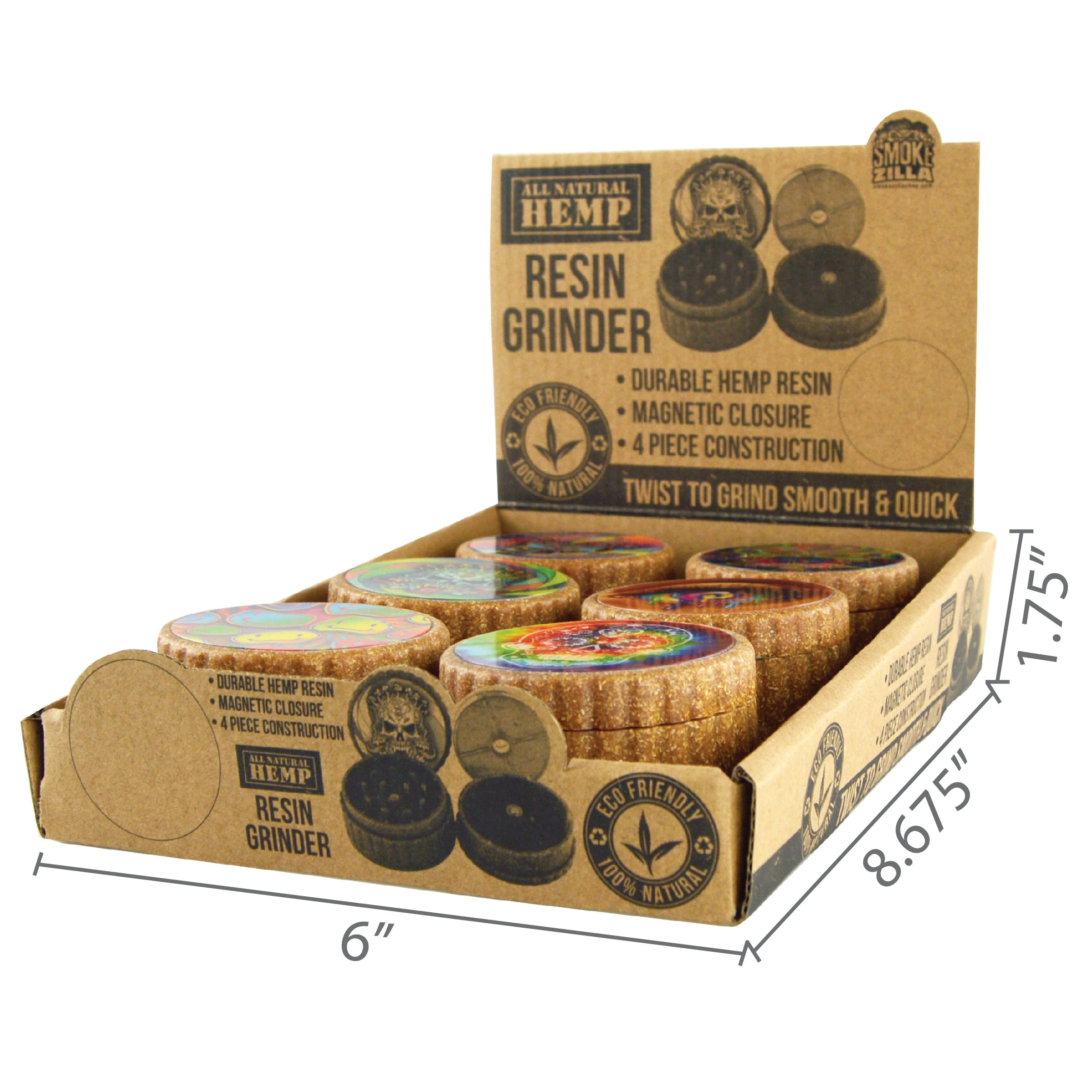 Hemp Resin 4 Piece Grinder with Magnetic Closure - 6 Pieces Per Retail Ready Display 22061