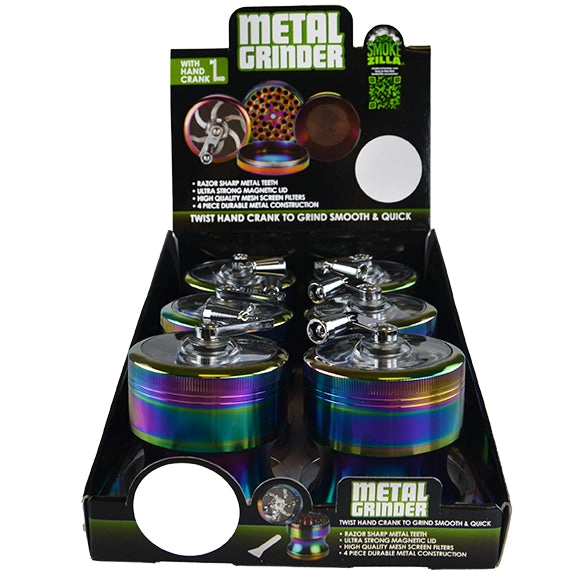 Metal 4 Piece Rainbow Grinder with Crank - 6 Pieces Per Retail Ready Display 22703