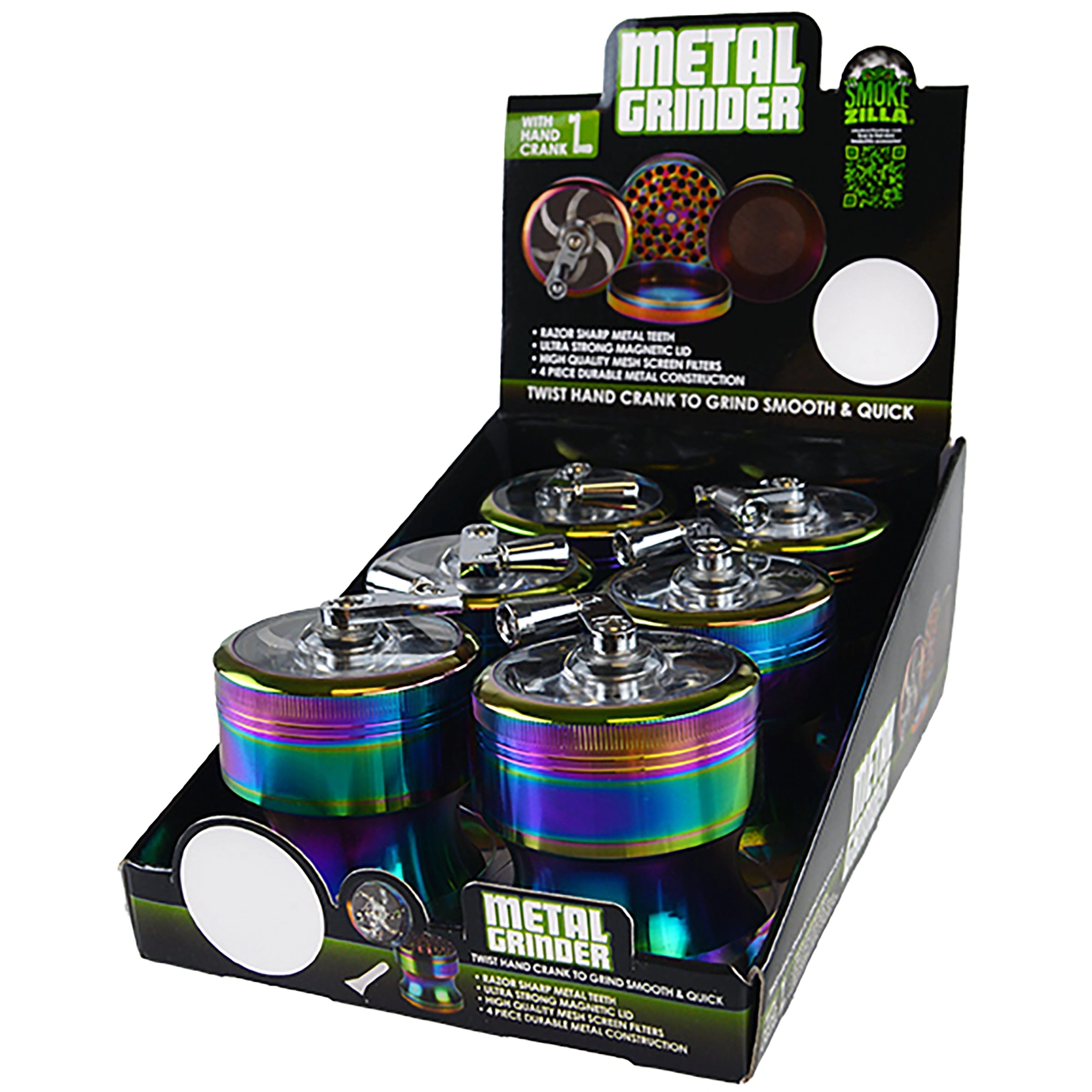Metal 4 Piece Rainbow Grinder with Crank - 6 Pieces Per Retail Ready Display 22703