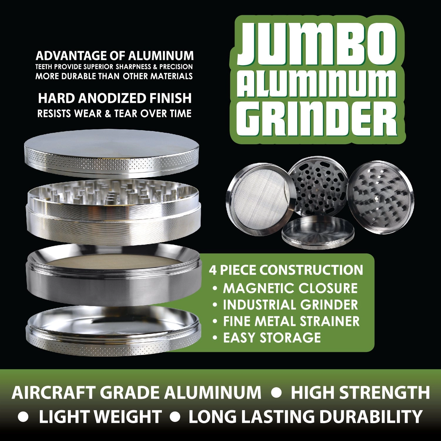 Metal Jumbo 4 Piece Grinder 98Mm - 6 Pieces Per Retail Ready Display 22714
