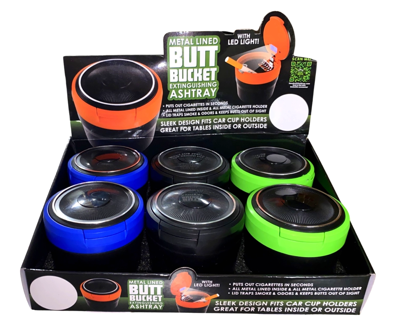 Metal Lined Butt Bucket Ashtray with LED Light - 6 Per Retail Ready Display 22594