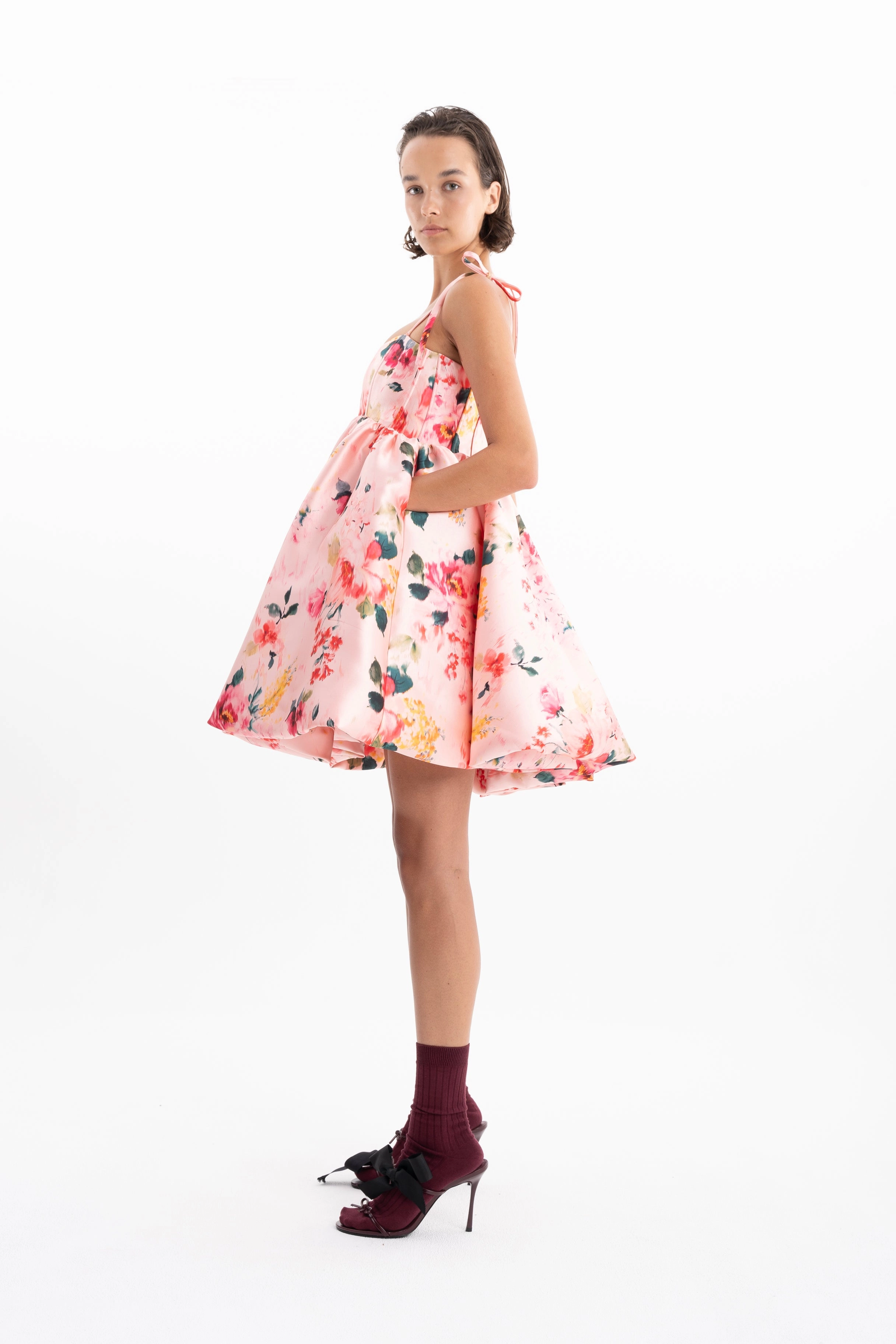 PINK FLORAL MINI BABYDOLL DRESS WITH KNOT STRAPS