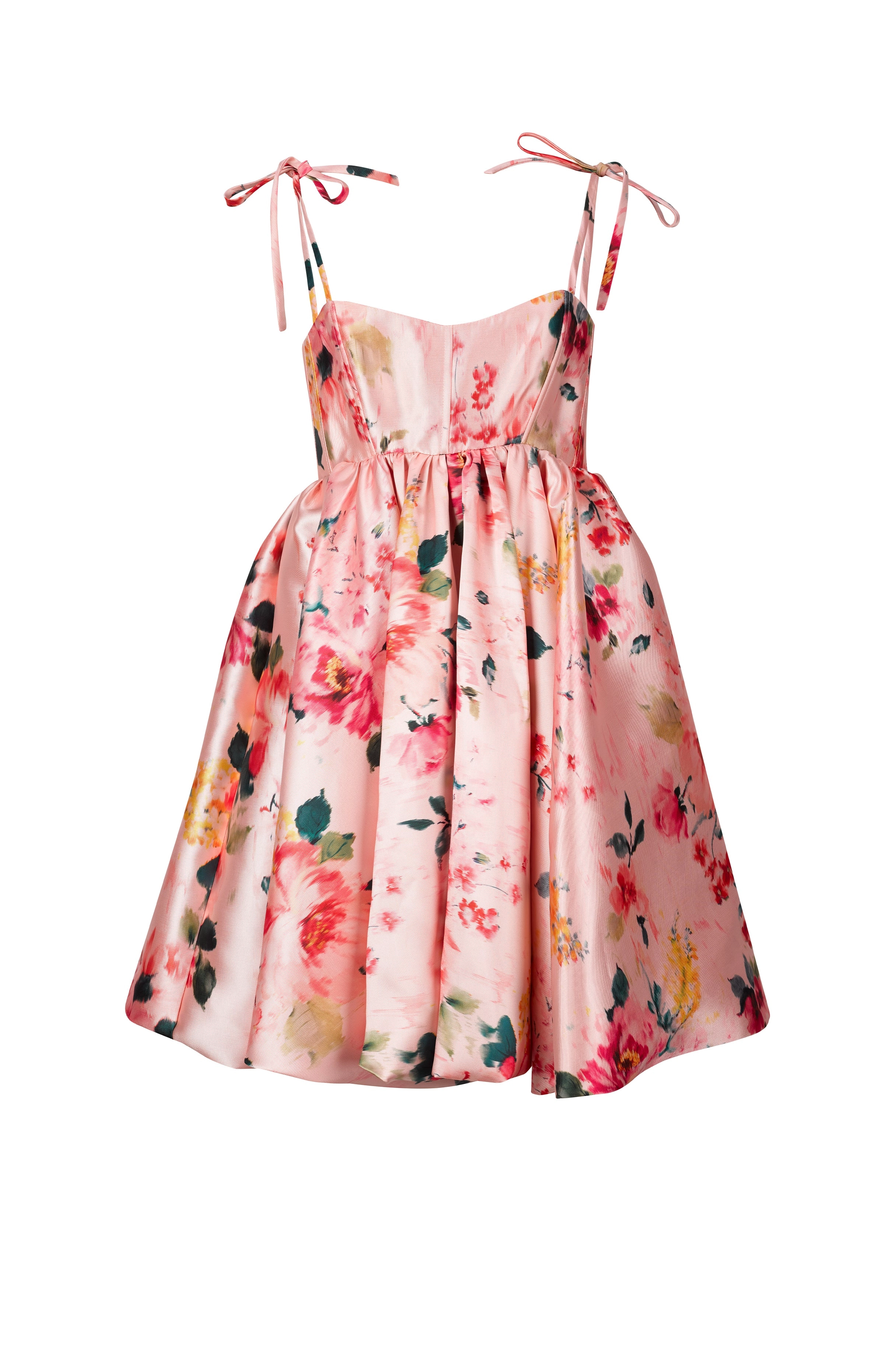 PINK FLORAL MINI BABYDOLL DRESS WITH KNOT STRAPS
