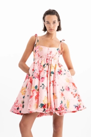 PINK FLORAL MINI BABYDOLL DRESS WITH KNOT STRAPS