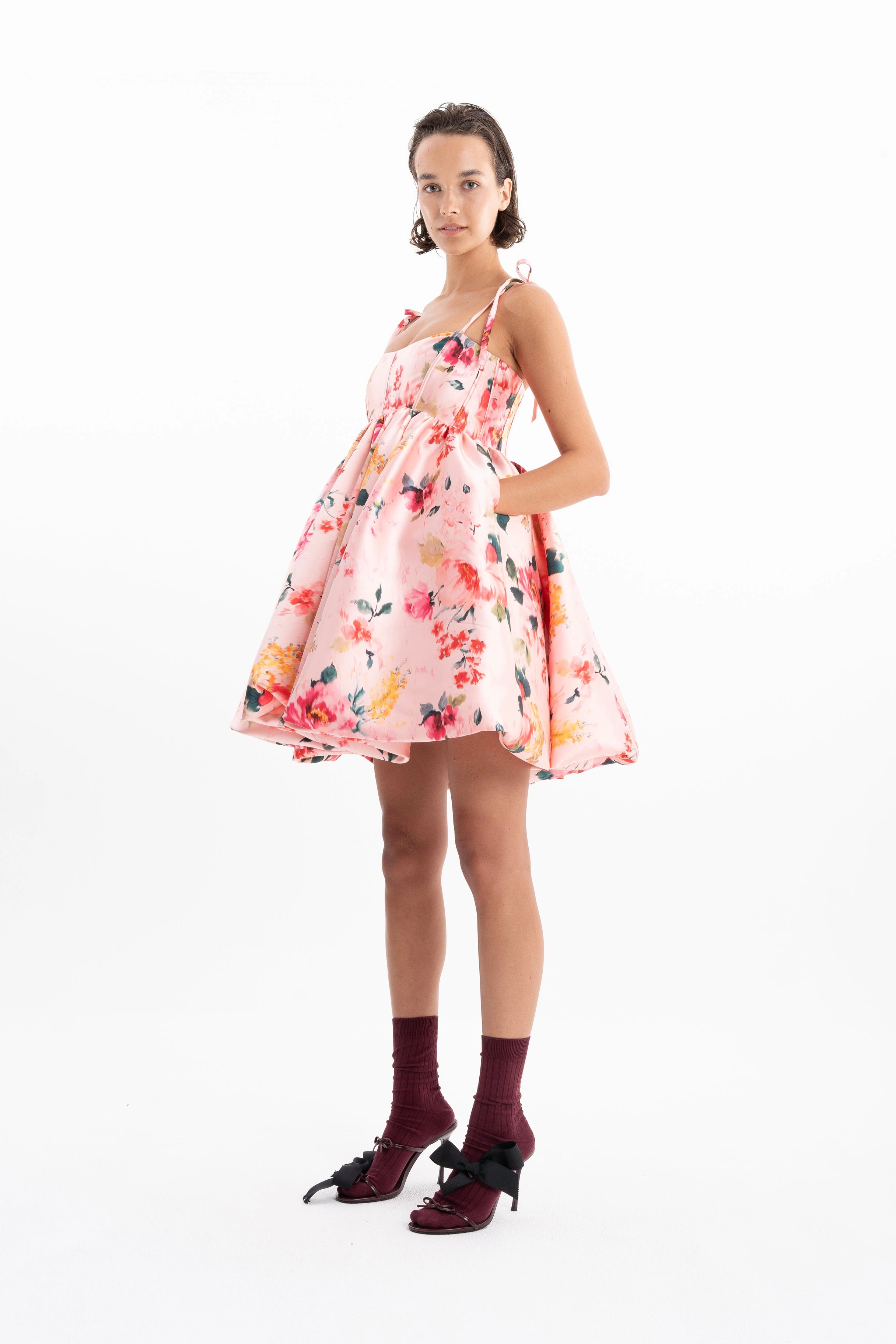 PINK FLORAL MINI BABYDOLL DRESS WITH KNOT STRAPS