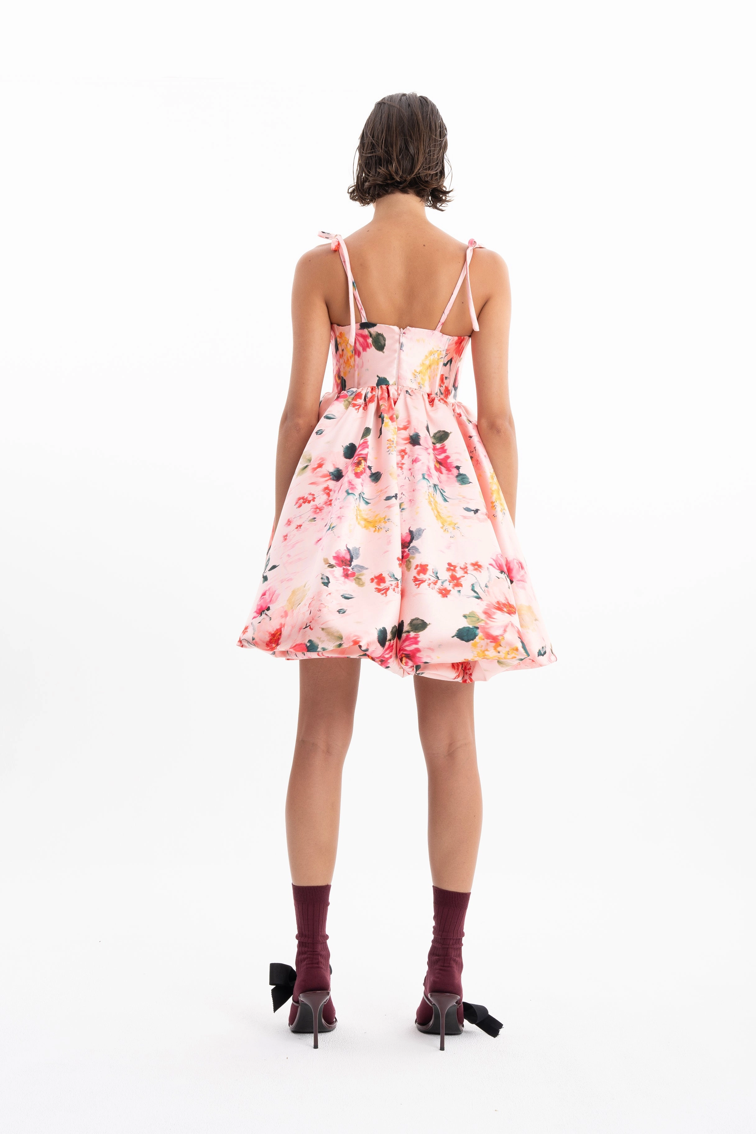 PINK FLORAL MINI BABYDOLL DRESS WITH KNOT STRAPS