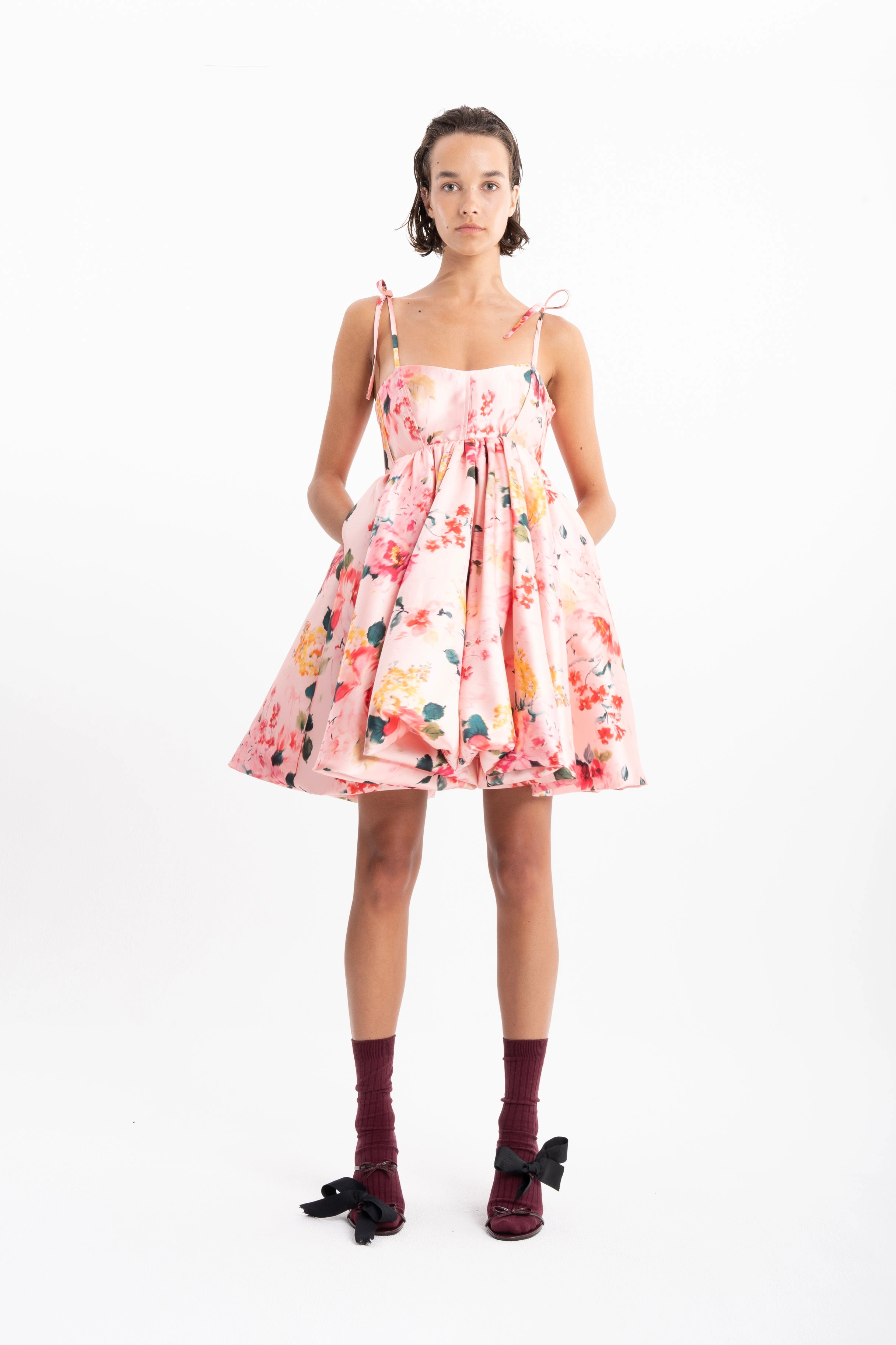 PINK FLORAL MINI BABYDOLL DRESS WITH KNOT STRAPS