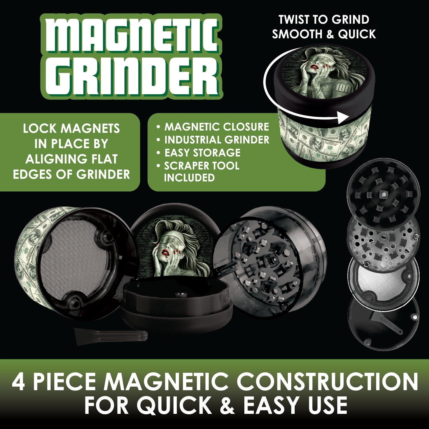 Plastic 4 Piece Grinder with Magnetic Closure - 6 Pieces Per Retail Ready Display 22523