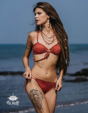 Suede Look Dark Orange Bikini Set For Women "Cross"