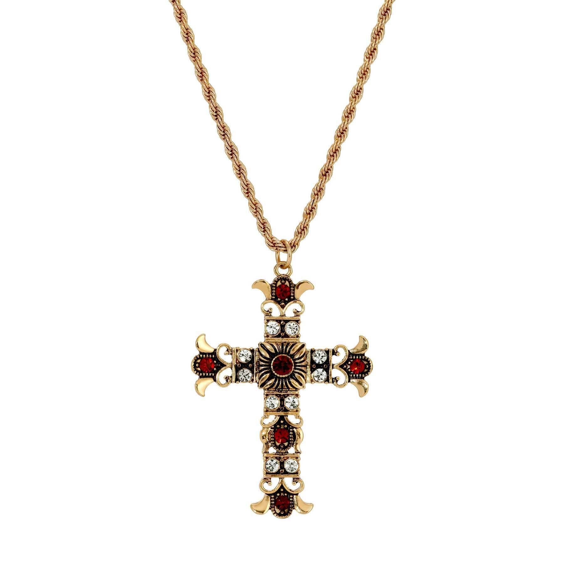 Symbols Of Faith Royal Clear And Red Crystal Cross Pendant Necklace 16"   3" Extension