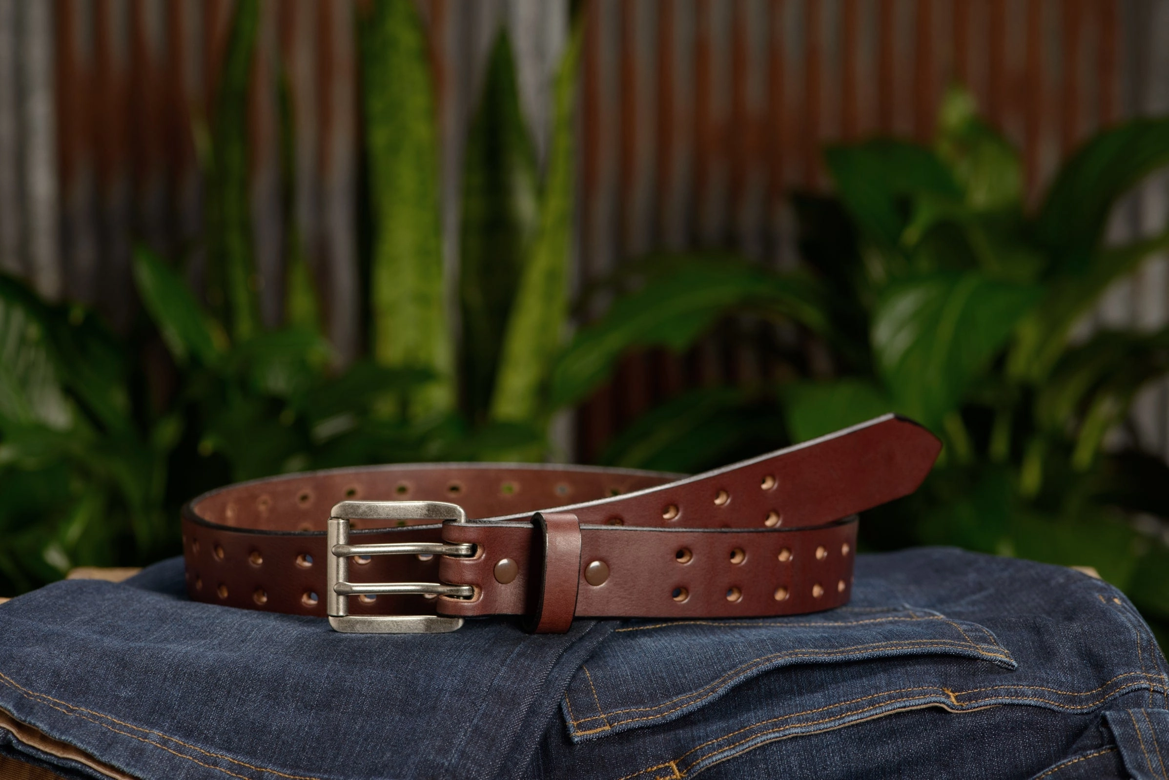 The Holey Bull: Men's Brown Non Stitched Double Prong Leather Belt With Nickel Roller 1.50"