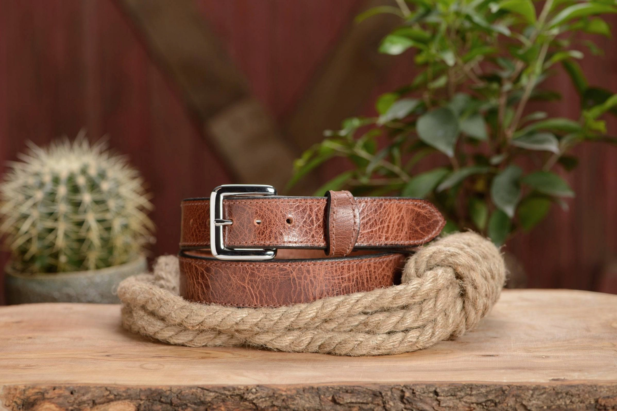 The Lakota: Rustic Brown Stitched Water Buffalo Leather Belt With Snaps 1.25"