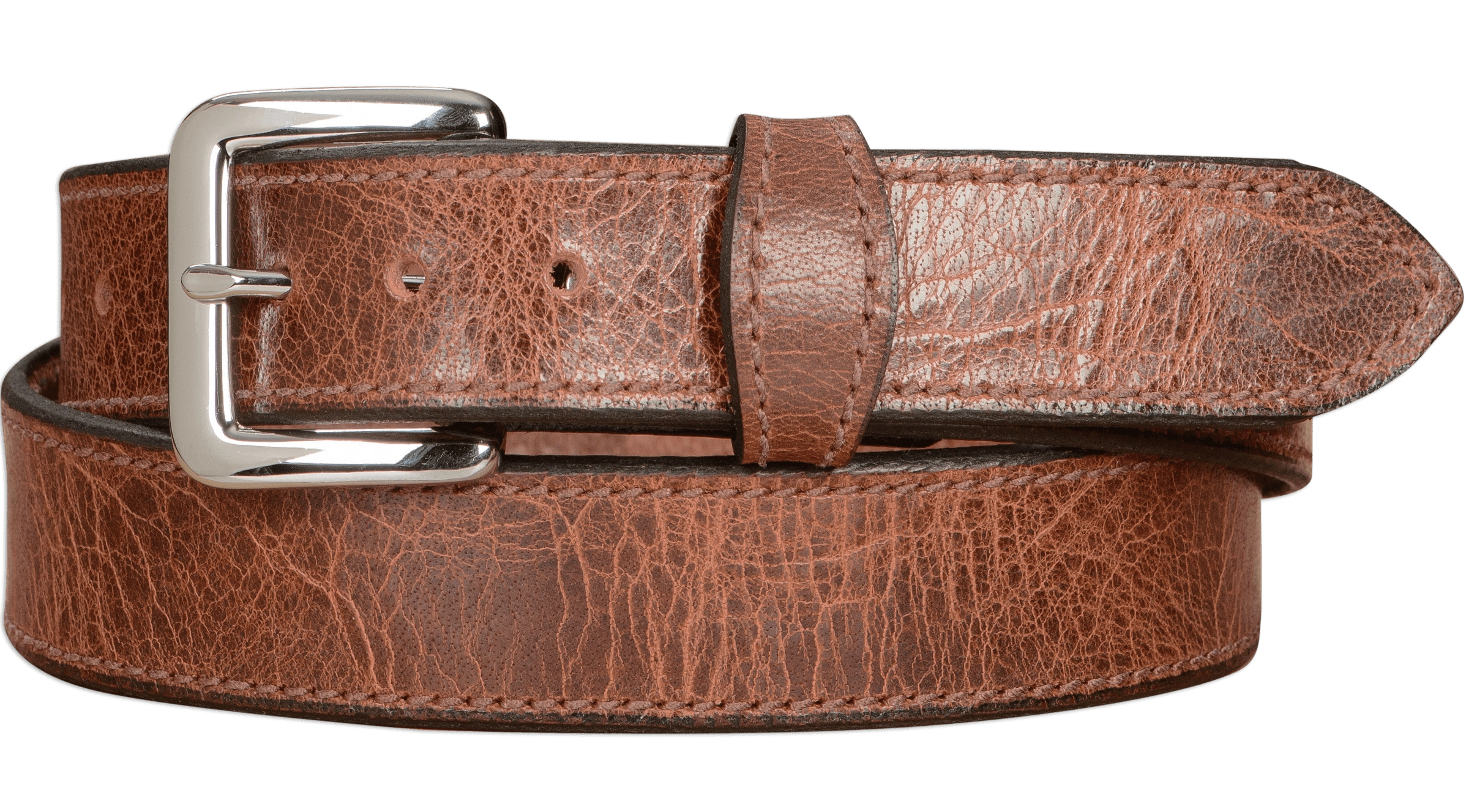 The Lakota: Rustic Brown Stitched Water Buffalo Leather Belt With Snaps 1.25"