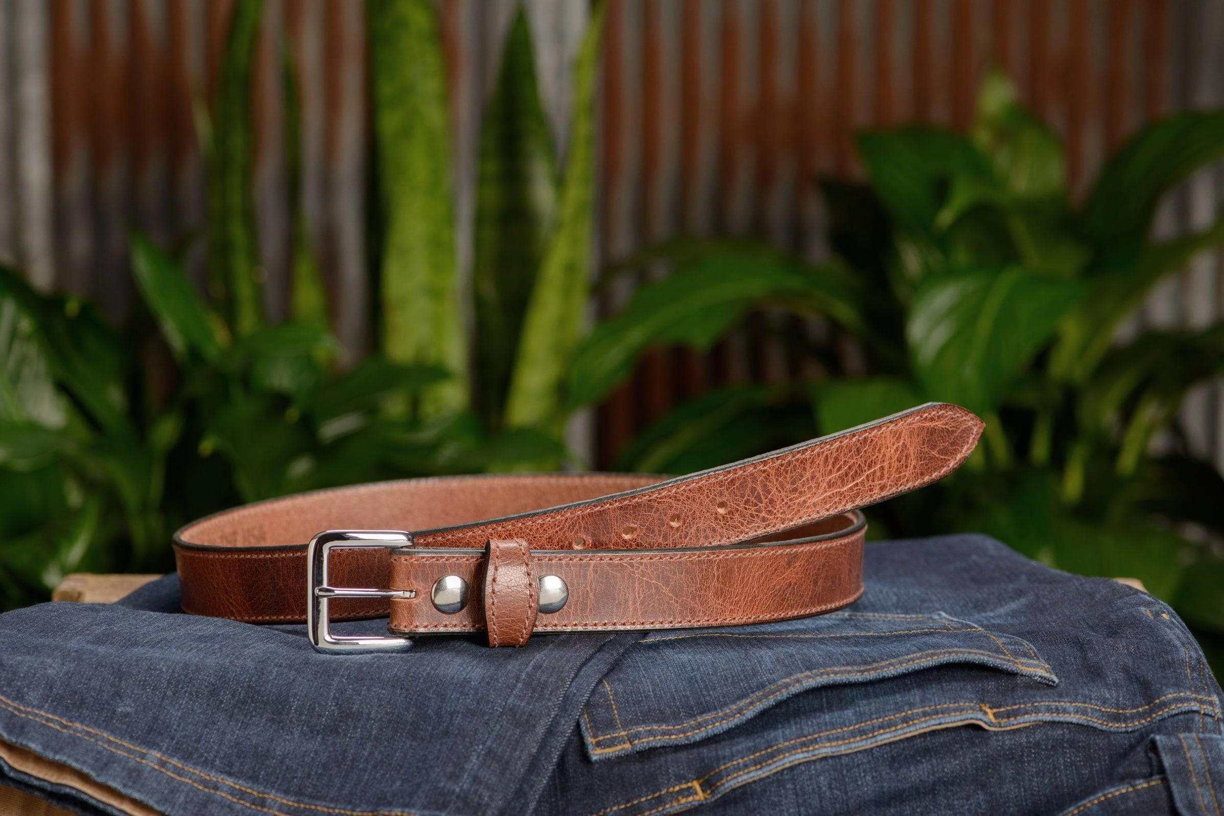 The Lakota: Rustic Brown Stitched Water Buffalo Leather Belt With Snaps 1.25"
