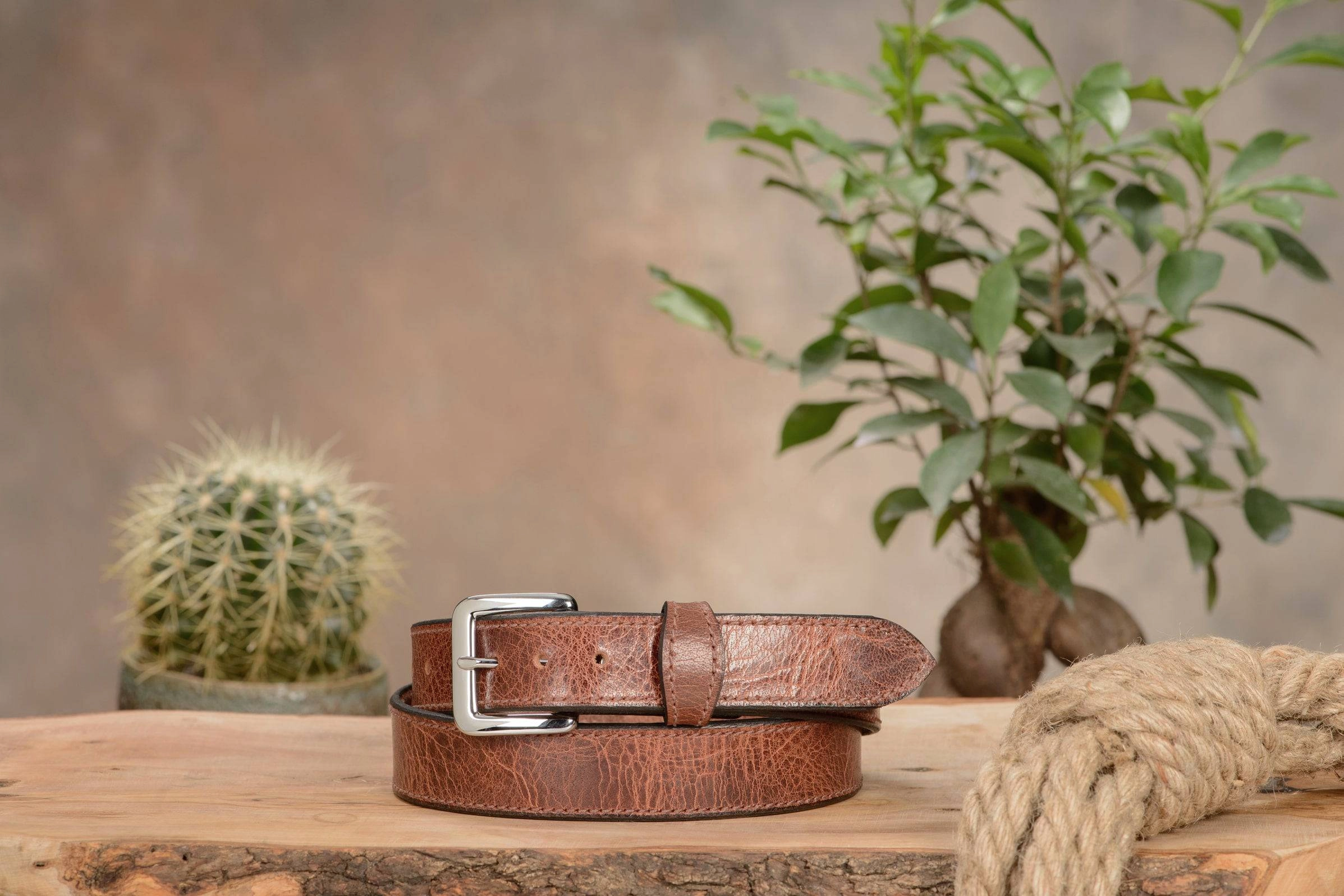 The Lakota: Rustic Brown Stitched Water Buffalo Leather Belt With Snaps 1.25"