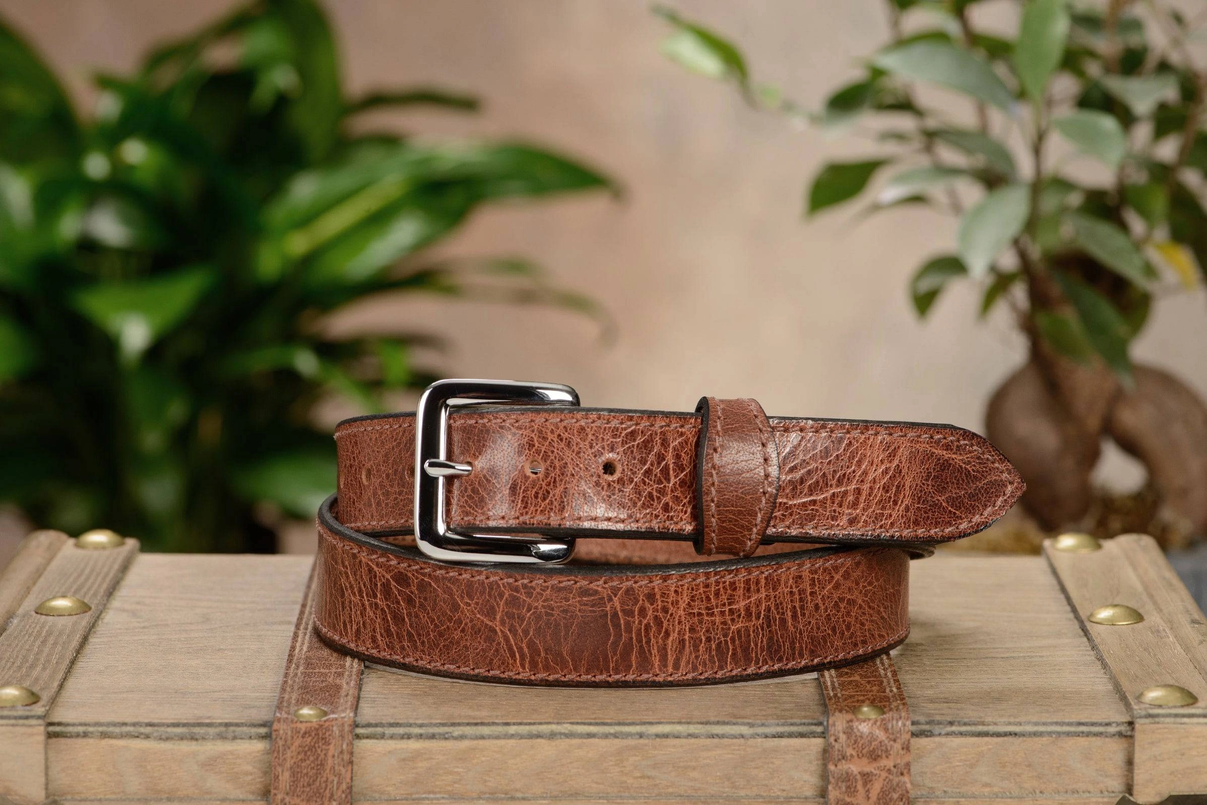 The Lakota: Rustic Brown Stitched Water Buffalo Leather Belt With Snaps 1.25"