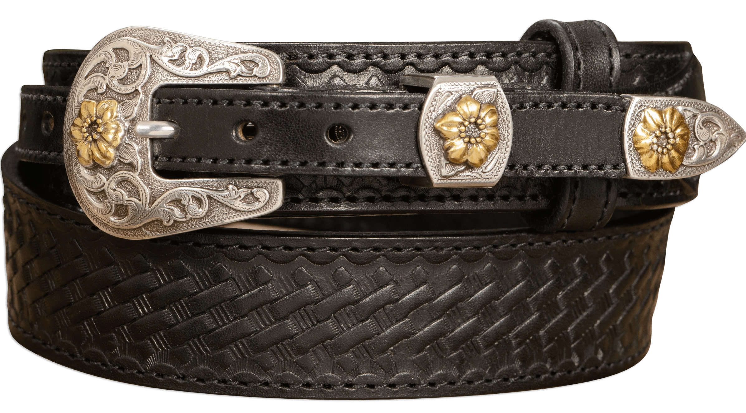The Texan: Black Stitched Basket Weave Western Ranger 1.50"